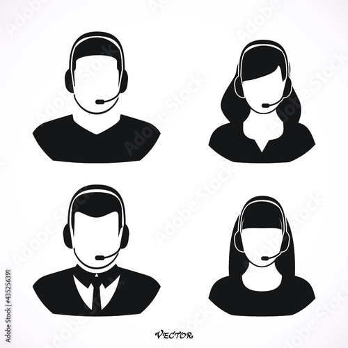 Male and female call center avatars with headset. Client services and communication. Call center avatar icons. Vector illustration