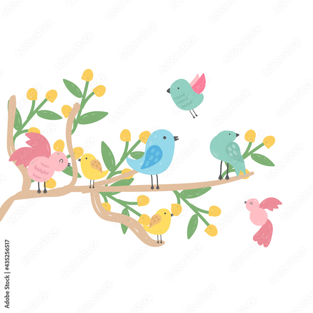 Cute birds on branch. Hand drawn style. Birds with flowers. Vector illustration.