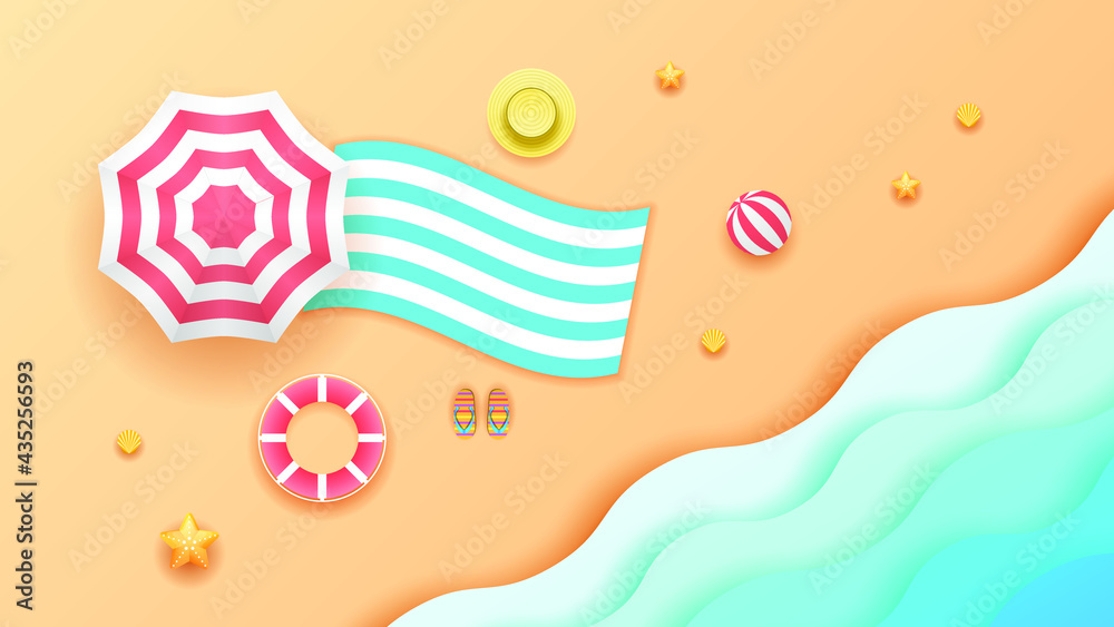 Summer Paper Cut Beach Sand Travel Background With Umbrella Starfish Hat Lifebuoy And Sea Vector Summer Paper Cut Beach Sand Travel Background With Umbrella Starfish Hat Lifebuoy And Sea Vector