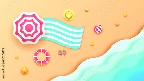 Summer Paper Cut Beach Sand Travel Background With Umbrella Starfish Hat Lifebuoy And Sea Vector