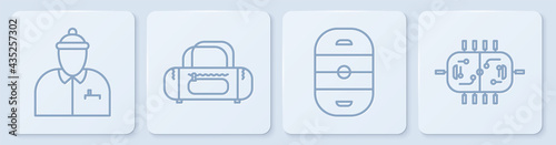 Set line Hockey coach, Ice hockey rink, Sport bag and Hockey table. White square button. Vector