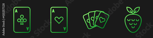 Set line Deck of playing cards, Playing card with clubs, Playing card with heart and Casino slot machine with strawberry. Gradient color icons. Vector