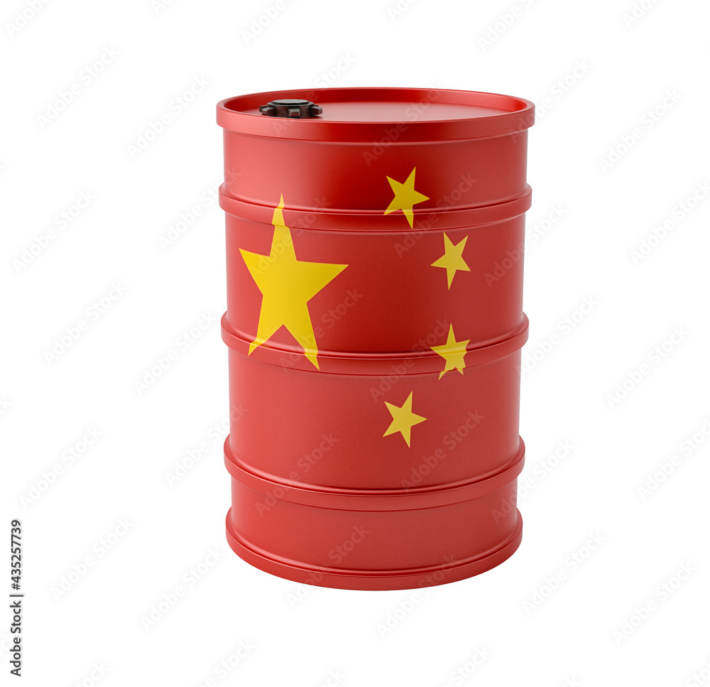 Oil drum in China national flag design. Isolated on white. 3D Rendering Oil drum in China national flag design. Isolated on white. 3D Rendering