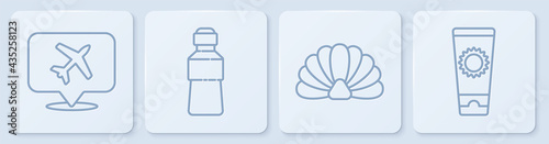 Set line Speech bubble with airplane, Scallop sea shell, Bottle of water and Sunscreen cream in tube. White square button. Vector