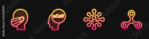 Set line Virus, Face in a medical protective mask, Corona virus 2019-nCoV and . Glowing neon icon. Vector