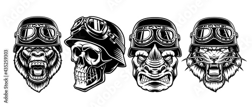 A set of black and white biker characters isolated on white background