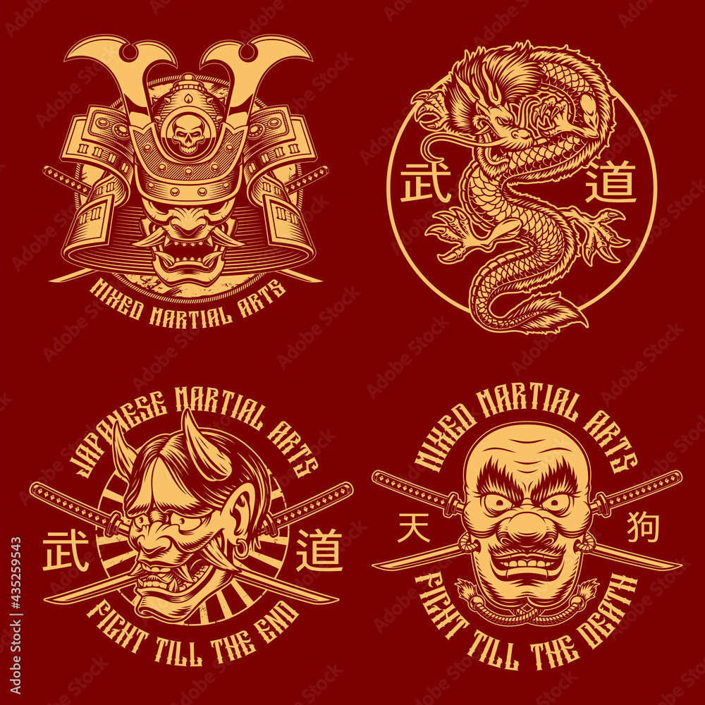 A set of black and white samurai-themed illustrations, these designs can be used a shirt prints, translation of Japanese characters in the file layer name A set of black and white samurai-themed illustrations, these designs can be used a shirt prints, translation of Japanese characters in the file layer name
