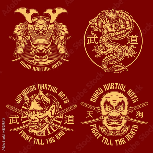 A set of black and white samurai-themed illustrations  these designs can be used a shirt prints  translation of Japanese characters in the file layer name