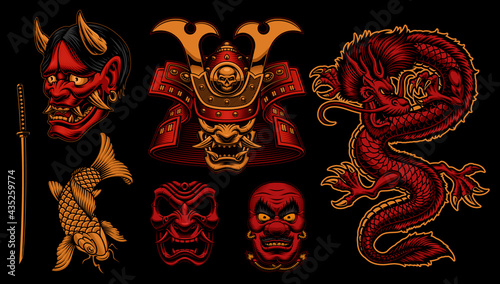 Colorful vector Samurai clipart, vector illustrations for a Japanese theme.