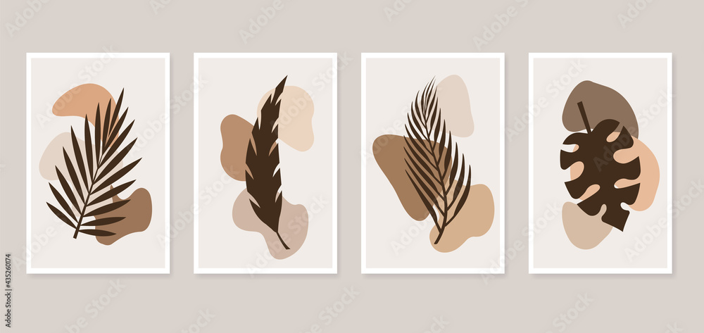 Set of botanical wall art. Modern art posters collection with tropical leaves silhouettes and abstract shapes. Abstract contemporary design for print, wall art, cover, postcard, wallpaper. Set of botanical wall art. Modern art posters collection with tropical leaves silhouettes and abstract shapes. Abstract contemporary design for print, wall art, cover, postcard, wallpaper.