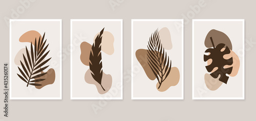 Set of botanical wall art. Modern art posters collection with tropical leaves silhouettes and abstract shapes. Abstract contemporary design for print, wall art, cover, postcard, wallpaper. © TMvectorart