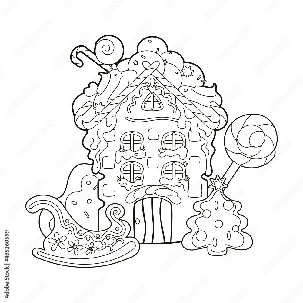 Fototapeta premium Coloring book: Christmas gingerbread house with gingerbread tree and Santa's sleigh, snow ice cream on the roof. Vector illustration, black and white lines for children, cartoon