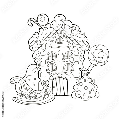 Coloring book: Christmas gingerbread house with gingerbread tree and Santa's sleigh, snow ice cream on the roof. Vector illustration, black and white lines for children, cartoon