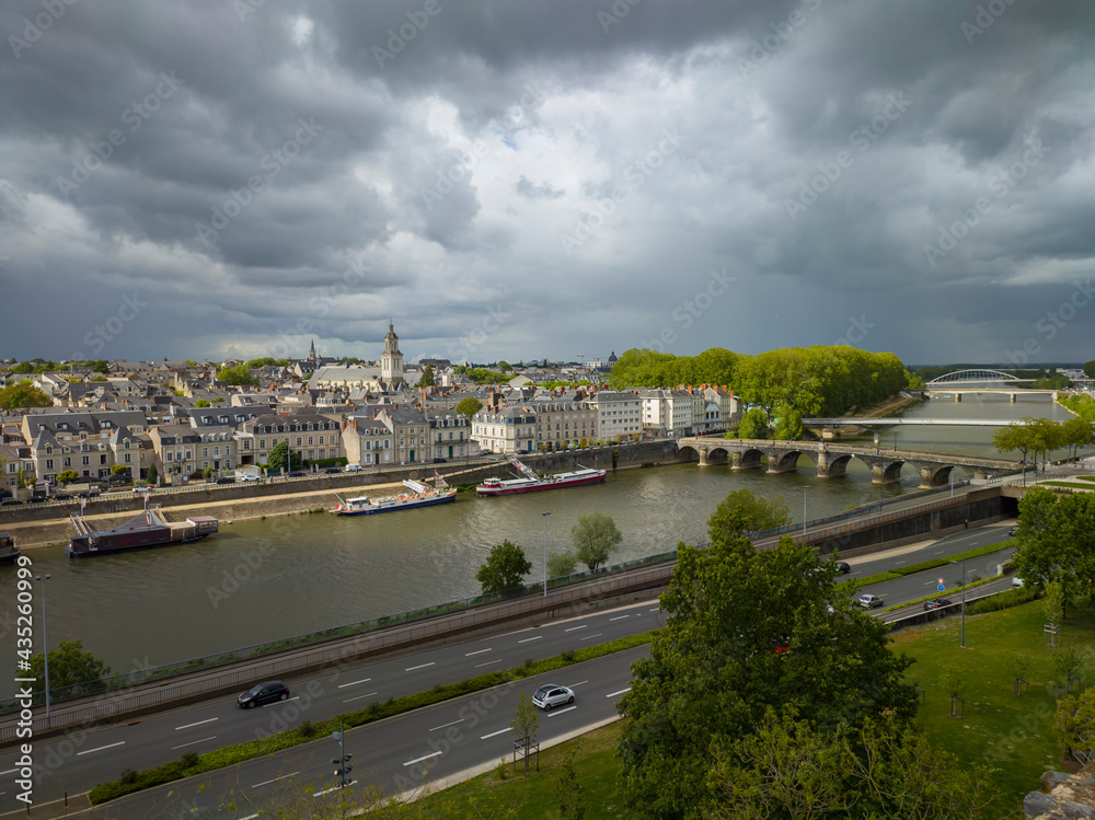 top view of the river, bridge, highway in the city of Angers, in France