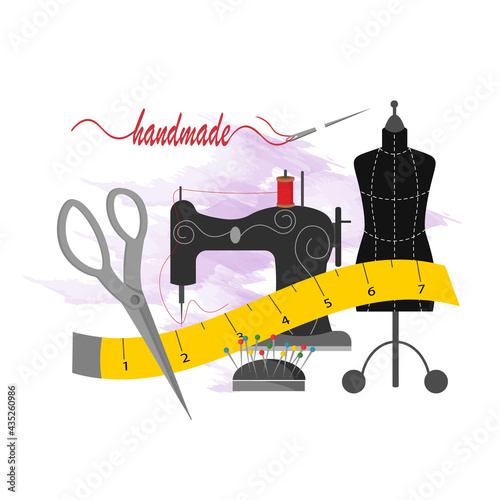 Sewing machine, mannequin, scissors and pins. Sewing tools. Card template for use in the garment industry and clothing boutique shops. Vector illustration. For logos and business cards, icons, tailor