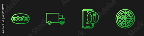 Set line Online ordering and delivery, Hotdog sandwich, Fast by car and Pizza. Gradient color icons. Vector