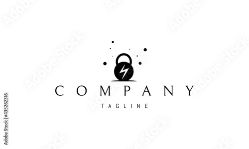 Vector logo on which an abstract image of a kettlebell with a lightning on it.