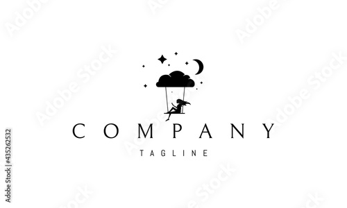 Vector logo on which an abstract image of a girl in a dream rolling on a swing against the background of the moon.