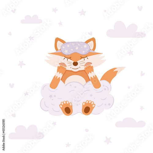 Plakaty dla dzieci  cute-fox-sleeps-in-a-sleep-mask-on-a-cloud-vector-children-s-illustration-for-posters-in-the-nursery