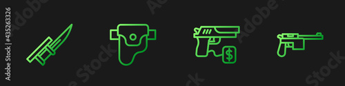 Set line Buying gun pistol, Bayonet on rifle, Gun holster and Mauser. Gradient color icons. Vector