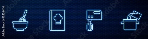 Set line Electric mixer, Kitchen whisk with bowl, Cookbook and Cooking pot. Glowing neon icon on brick wall. Vector