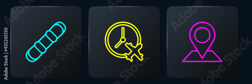 Set line Snowboard, Location and Clock with airplane. Black square button. Vector