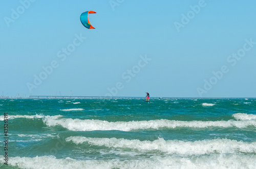 Aerial view. Kite surfing on the blue sea. Kerch Russia Black sea 18 August 2020