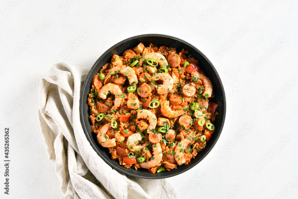 Creole jambalaya with chicken, smoked sausages and vegetables