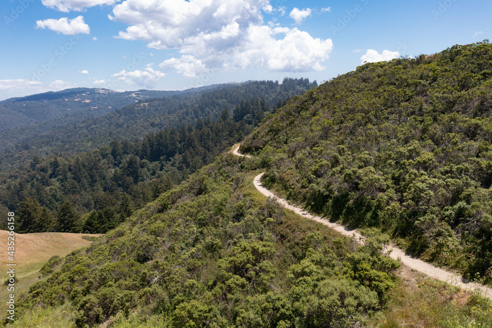 Trails meander through the vegetation-covered hills of the East Bay, just a few miles from San Francisco Bay in Northern California. This area provides open spaces for hikers and bikers.