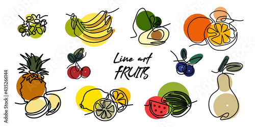 Set of abstarct minimalsm illustrations with fruits and berries and colorful stains