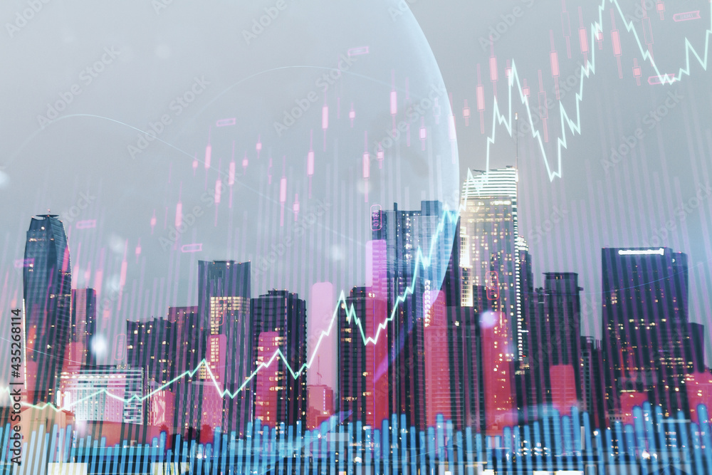 Multi exposure of virtual creative financial graph and world map on Los Angeles city skyline background, forex and investment concept Multi exposure of virtual creative financial graph and world map on Los Angeles city skyline background, forex and investment concept