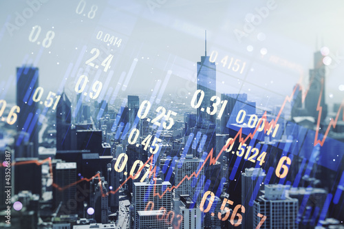 Multi exposure of virtual abstract financial graph interface on Chicago cityscape background  financial and trading concept