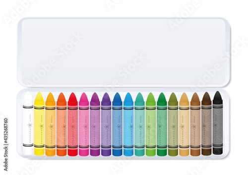 Wax pastel crayons, colorful set in a white metal box sorted by color. Isolated vector illustration on white background.
