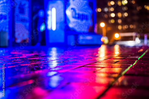 Rainy night in the big city, light from the night club and the windows of the house is reflected in the asphalt. View from the sidewalk level paved with bricks