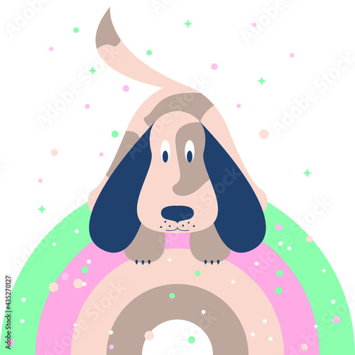 Vector graphics - cute puppy with spots and big ears on a rainbow of trendy colors. Concept greeting card