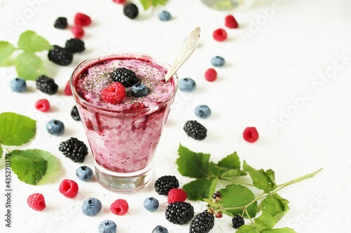 Berry smoothies with yogurt, chia seeds and fresh berries. place for a recipe