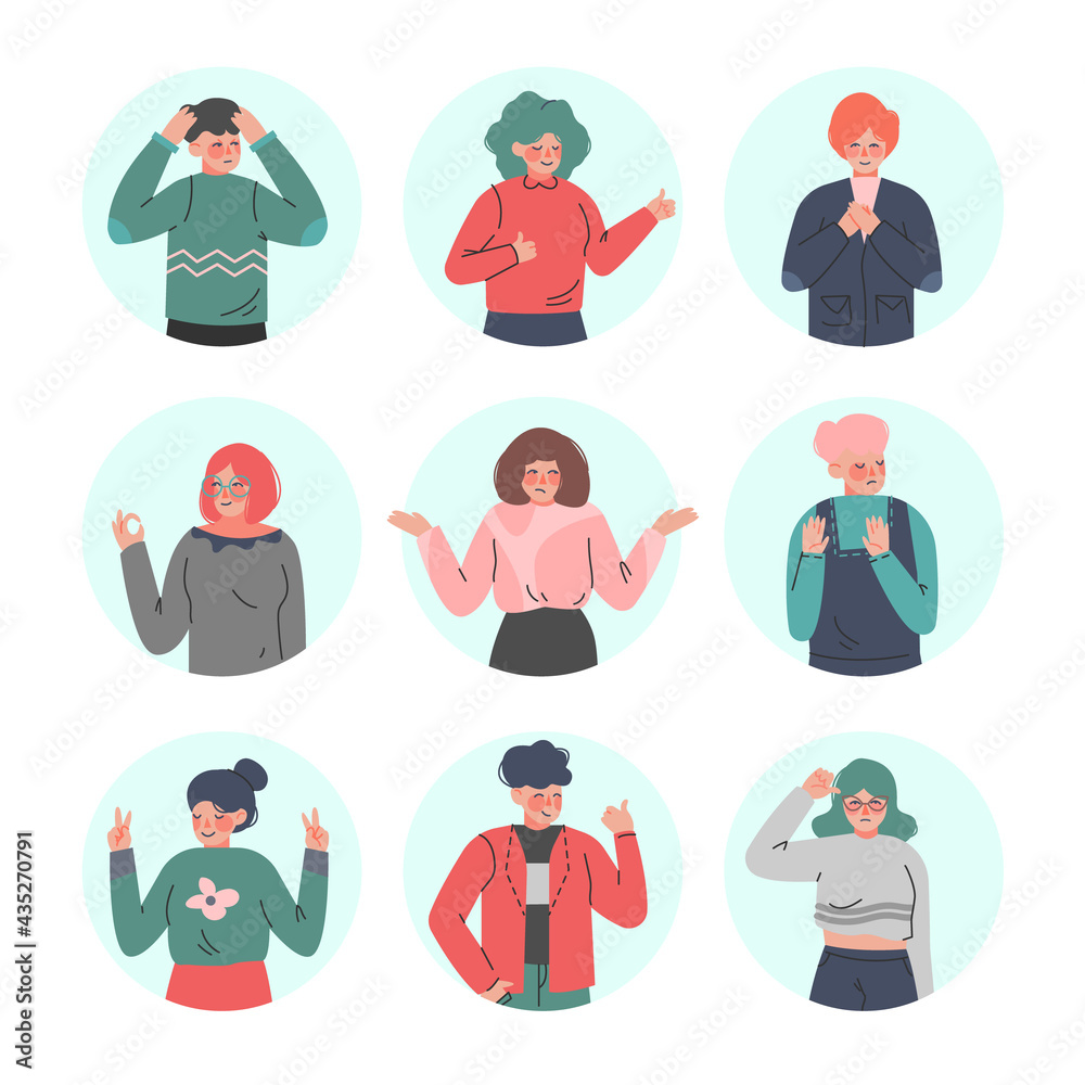 Young Man and Woman Making Positive and Negative Hand Gestures in Circular Frames Vector Illustration Set Young Man and Woman Making Positive and Negative Hand Gestures in Circular Frames Vector Illustration Set