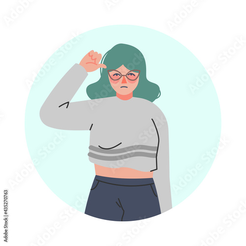 Young Woman Making Negative Hand Gesture Showing Thumb Down in Circular Frame Vector Illustration