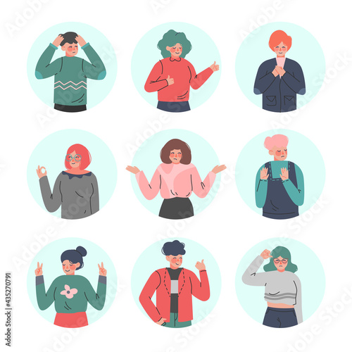 Young Man and Woman Making Positive and Negative Hand Gestures in Circular Frames Vector Illustration Set