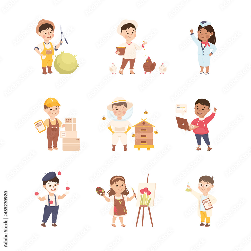 Cheerful Children Depicting Different Professions Like Artist and Gardener Vector Set Cheerful Children Depicting Different Professions Like Artist and Gardener Vector Set