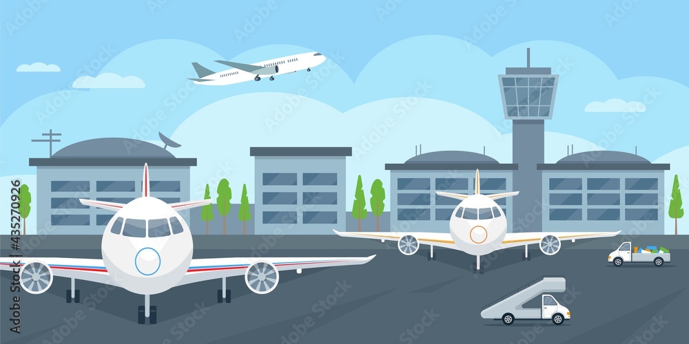 Airport Terminal building with aircraft taking off, airplanes and cars.