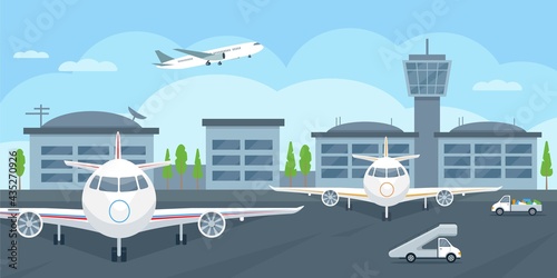 Airport Terminal building with aircraft taking off, airplanes and cars.