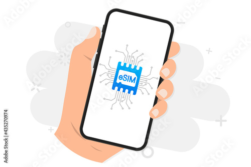 Mobile device with a chipeSIM. Embedded SIM. New mobile communication technology concept. Smart phone eSIM card chip sign. Mobile device with a chip e-SIM. Hand with phone with eSIM technology