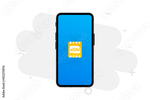 Mobile device with a chipeSIM. Embedded SIM. New mobile communication technology concept. Smart phone eSIM card chip sign. Mobile device with a chip e-SIM. Hand with phone with eSIM technology