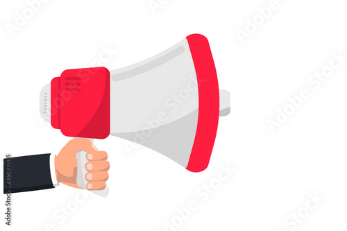Hand hold megaphone with copy space . Megaphone. Loudspeaker, speaker, bullhorn alert. Advertising and business promotion symbol, social media marketing concept. Advertising through speakers