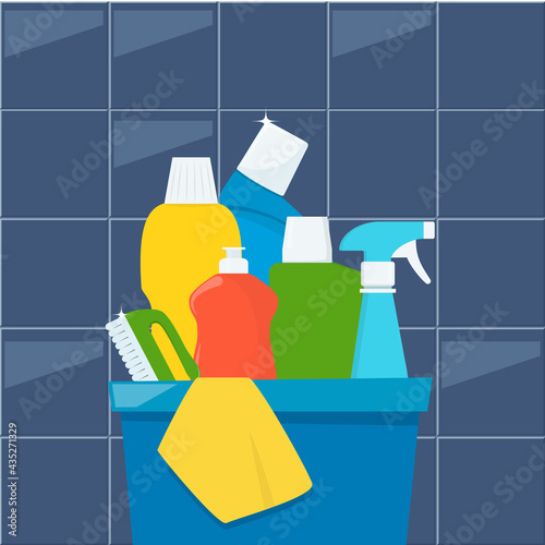 Bottles of detergents and cleaning products in a box, rag and cleaning brush. Cleaning services concept. Vector illustration, flat style.