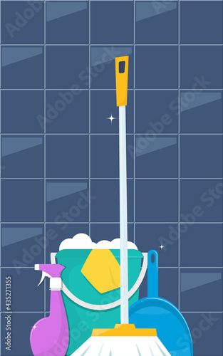 Tools for cleaning and housework. Floor sweeping brush, dustpan, bucket of water and soap suds. Cute flat style vector illustration.