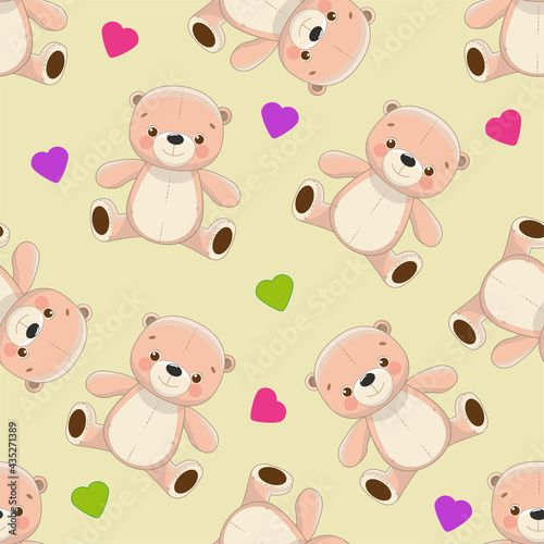 Kids Baby pattern with cute Teddy bear and colorful hearts. EPS 10.
