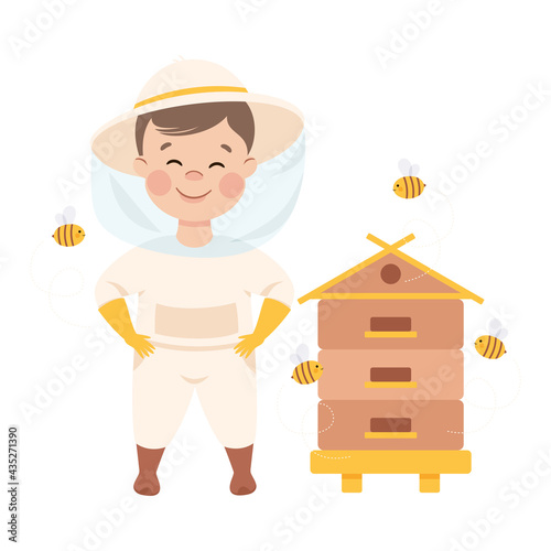 Little Boy with Wooden Beehive Representing Apiarian Profession Vector Illustration