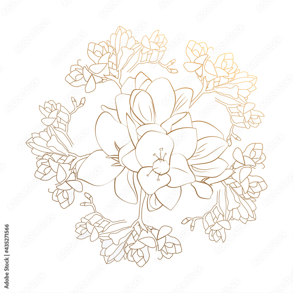 Fototapeta premium Vector wedding invitation with modern floral branch, gold flowers. Simple template with golden design. Hand drawn illustration. EPS 10